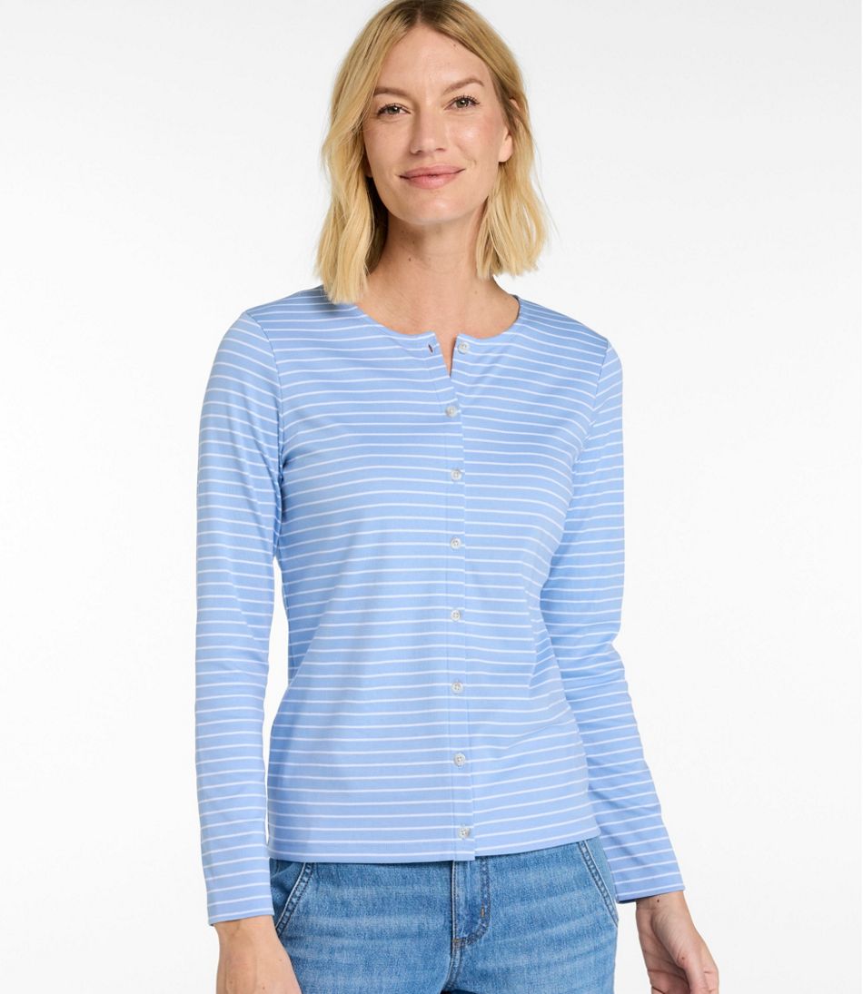 Women's Pima Cotton Tee, Long-Sleeve Crewneck Cardigan Stripe - Image 2