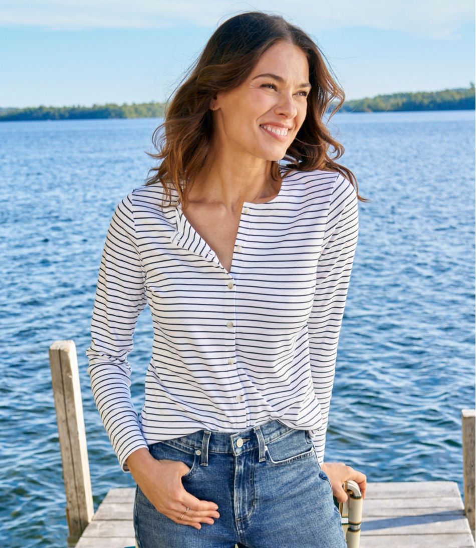 Women's Pima Cotton Tee, Long-Sleeve Crewneck Cardigan Stripe - Image 6