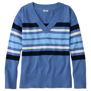 Women's Cotton/Cashmere Sweater, V-Neck Stripe
