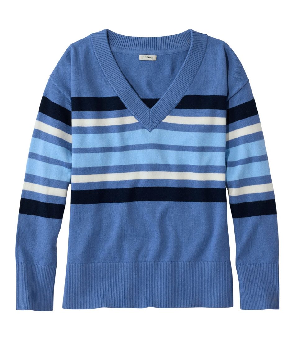Women's Cotton/Cashmere Sweater, V-Neck Stripe