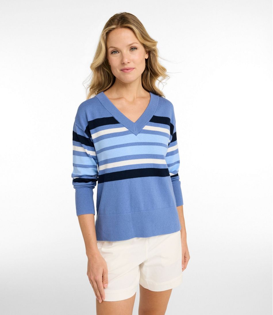 Women's Cotton/Cashmere Sweater, V-Neck Stripe - Image 2