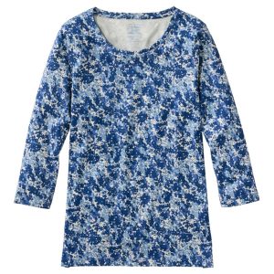 Women's Pima Cotton Shaped Jewelneck Tee, Three-Quarter-Sleeve Print