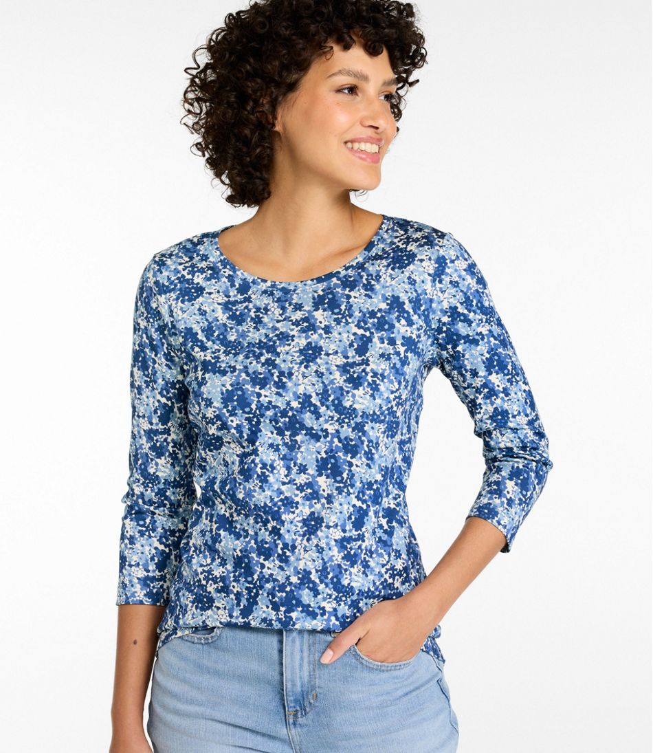 Women's Pima Cotton Shaped Jewelneck Tee, Three-Quarter-Sleeve Print - Image 2