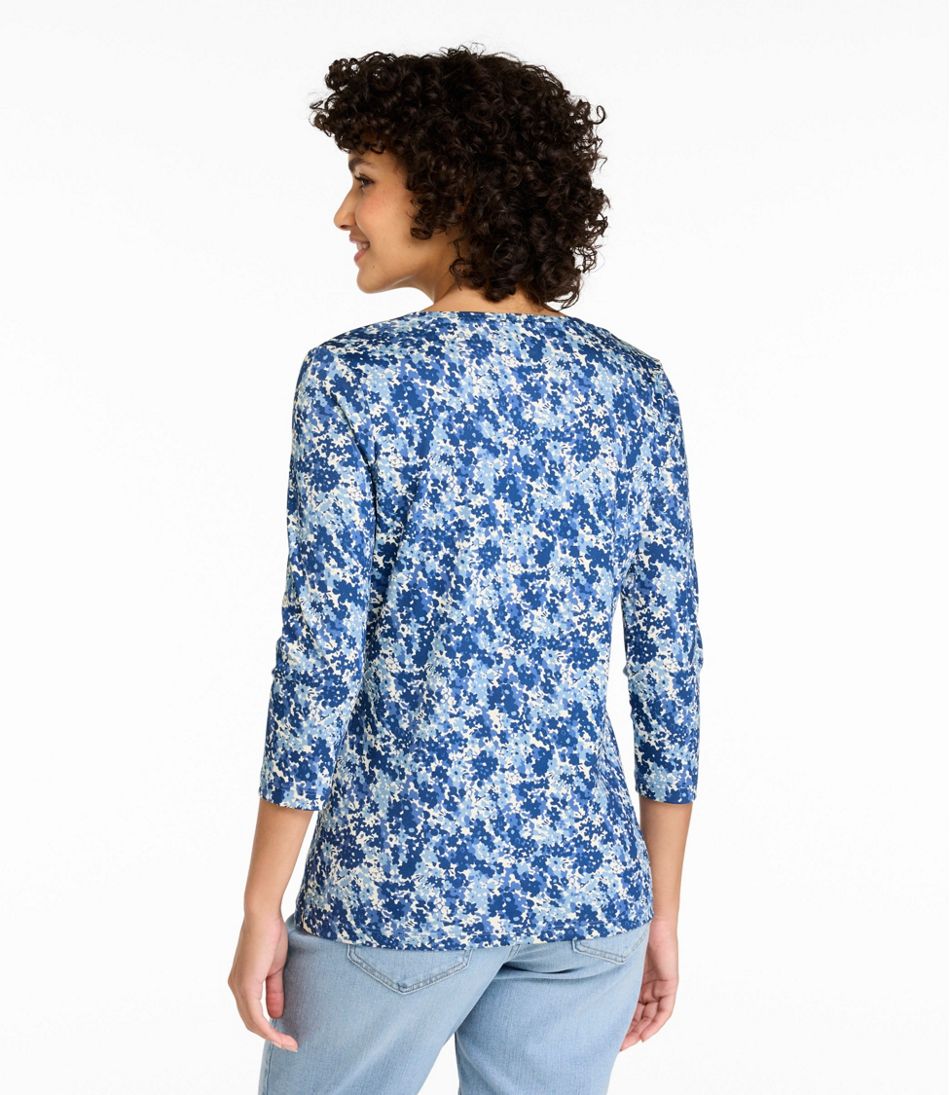 Women's Pima Cotton Shaped Jewelneck Tee, Three-Quarter-Sleeve Print - Image 3