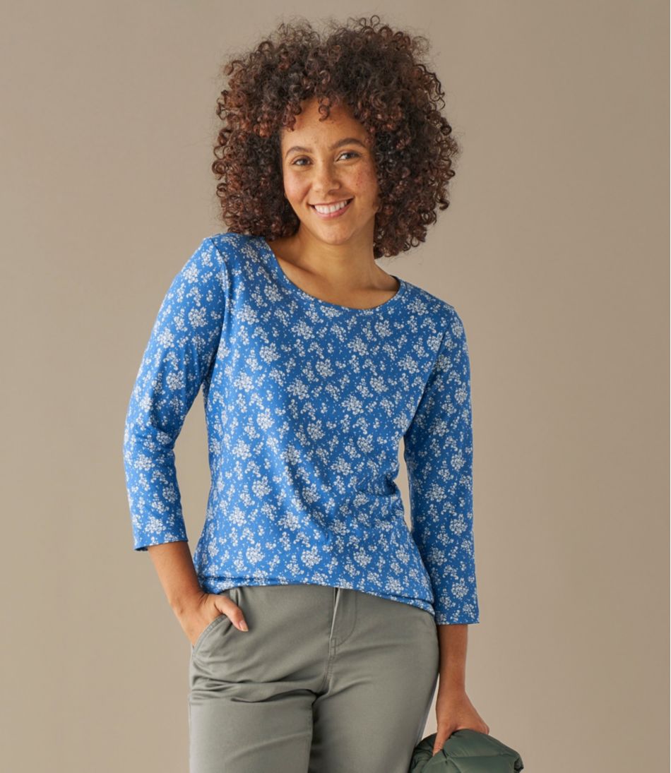Women's Pima Cotton Shaped Jewelneck Tee, Three-Quarter-Sleeve Print - Image 5