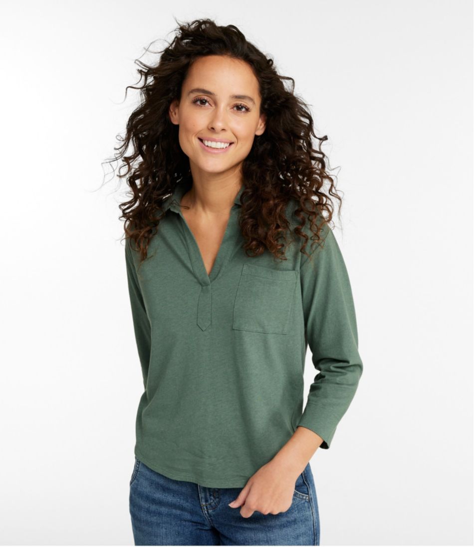 Women's Linen/Cotton Tee, Three-Quarter-Sleeve Splitneck Polo - Image 2