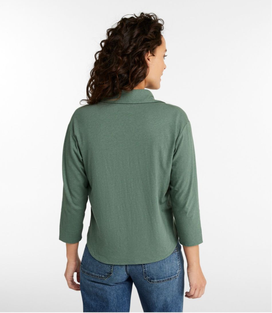 Women's Linen/Cotton Tee, Three-Quarter-Sleeve Splitneck Polo - Image 3