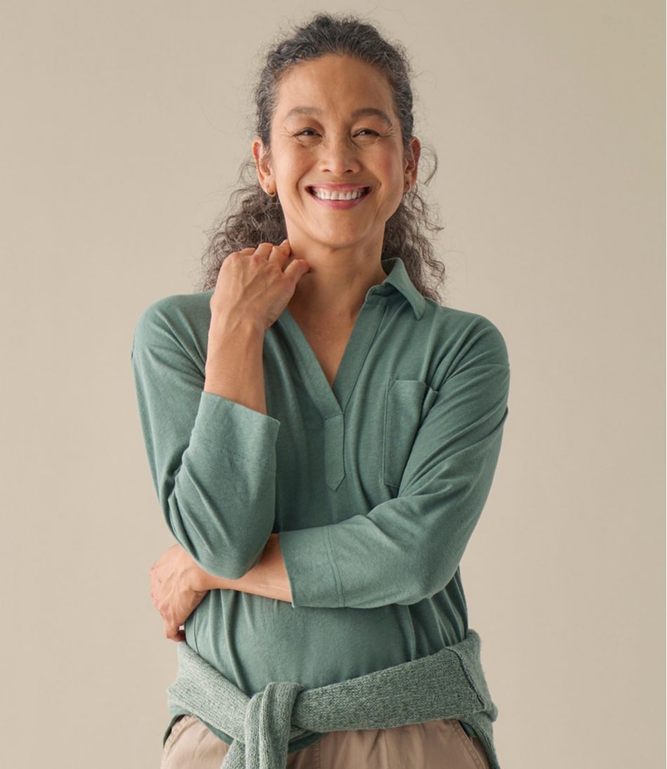 Women's Linen/Cotton Tee, Three-Quarter-Sleeve Splitneck Polo - Image 6