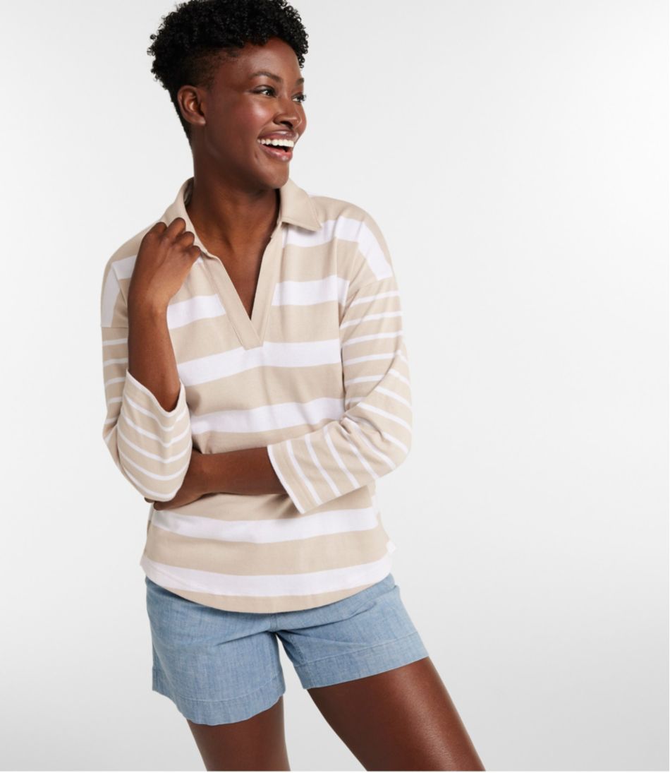 Women's Heritage Mariner Top, Splitneck Polo Three-Quarter-Sleeve, Block Stripe - Image 2