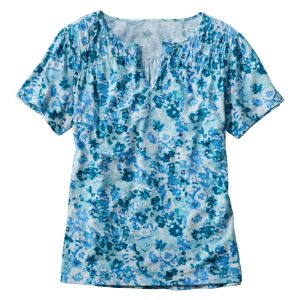 Women's Organic Cotton Tee, Smocked Notch-Neck Short-Sleeve Print