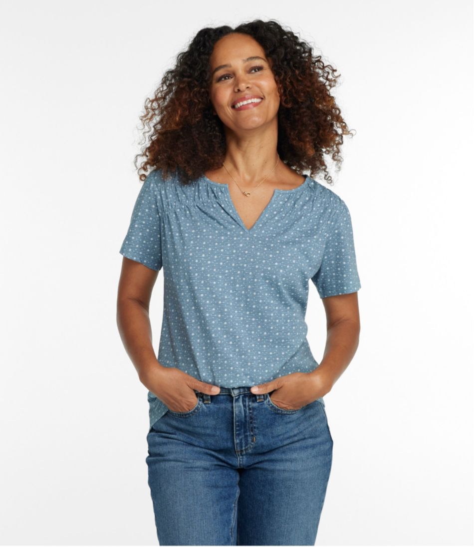 Women's Organic Cotton Tee, Smocked Notch-Neck Short-Sleeve Print - Image 2