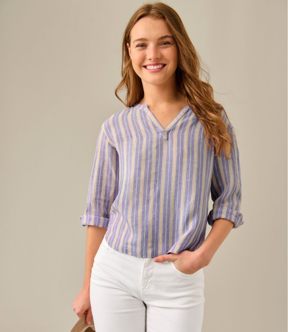 Women's Premium Washable Linen Shirt, Splitneck Stripe - Image 6