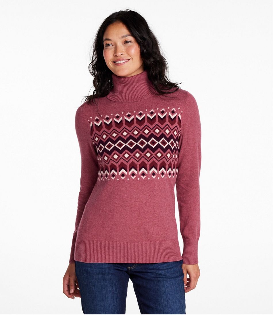 Women's Cotton/Cashmere Sweater, Turtleneck Intarsia - Image 2