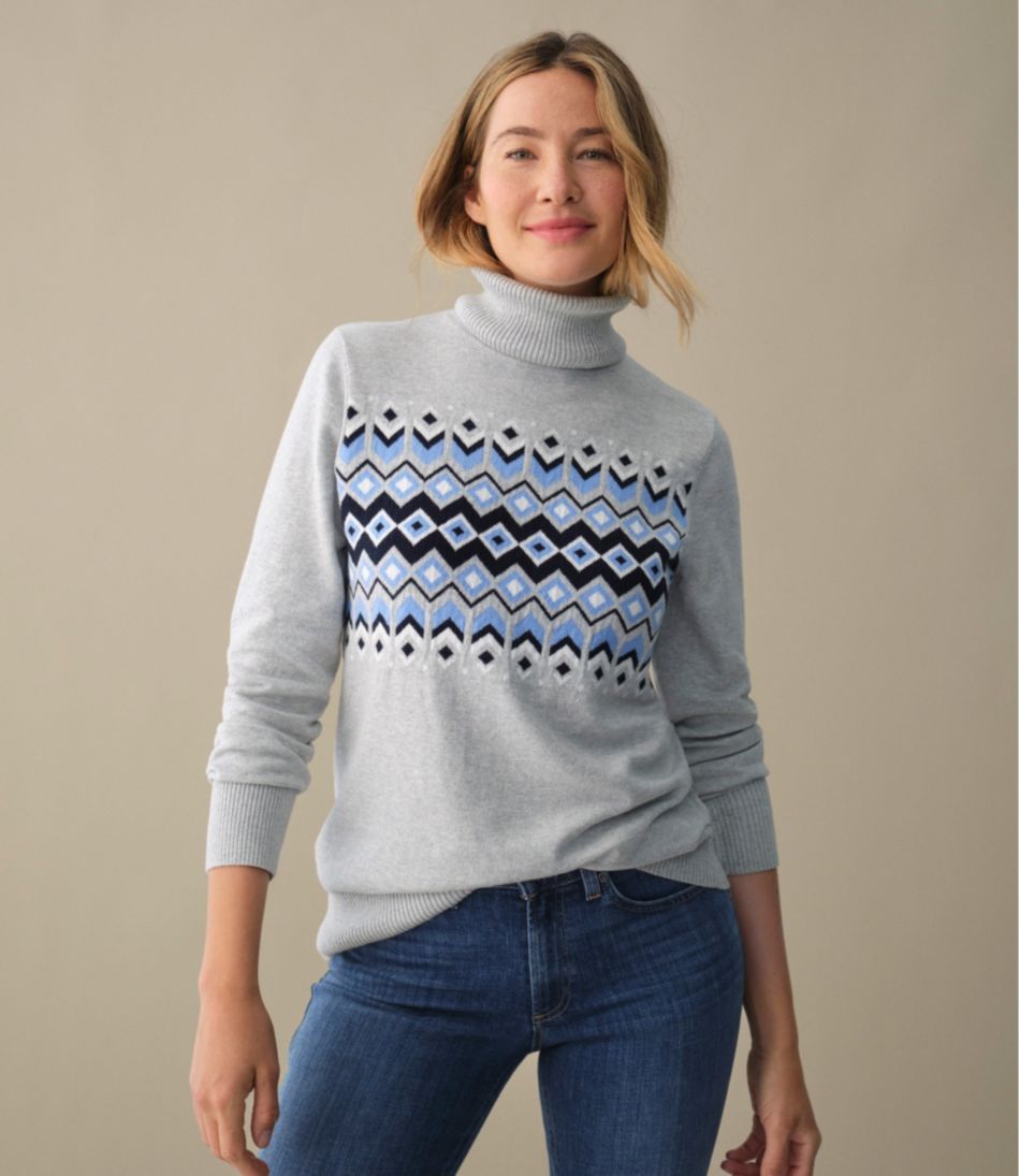 Women's Cotton/Cashmere Sweater, Turtleneck Intarsia - Image 5
