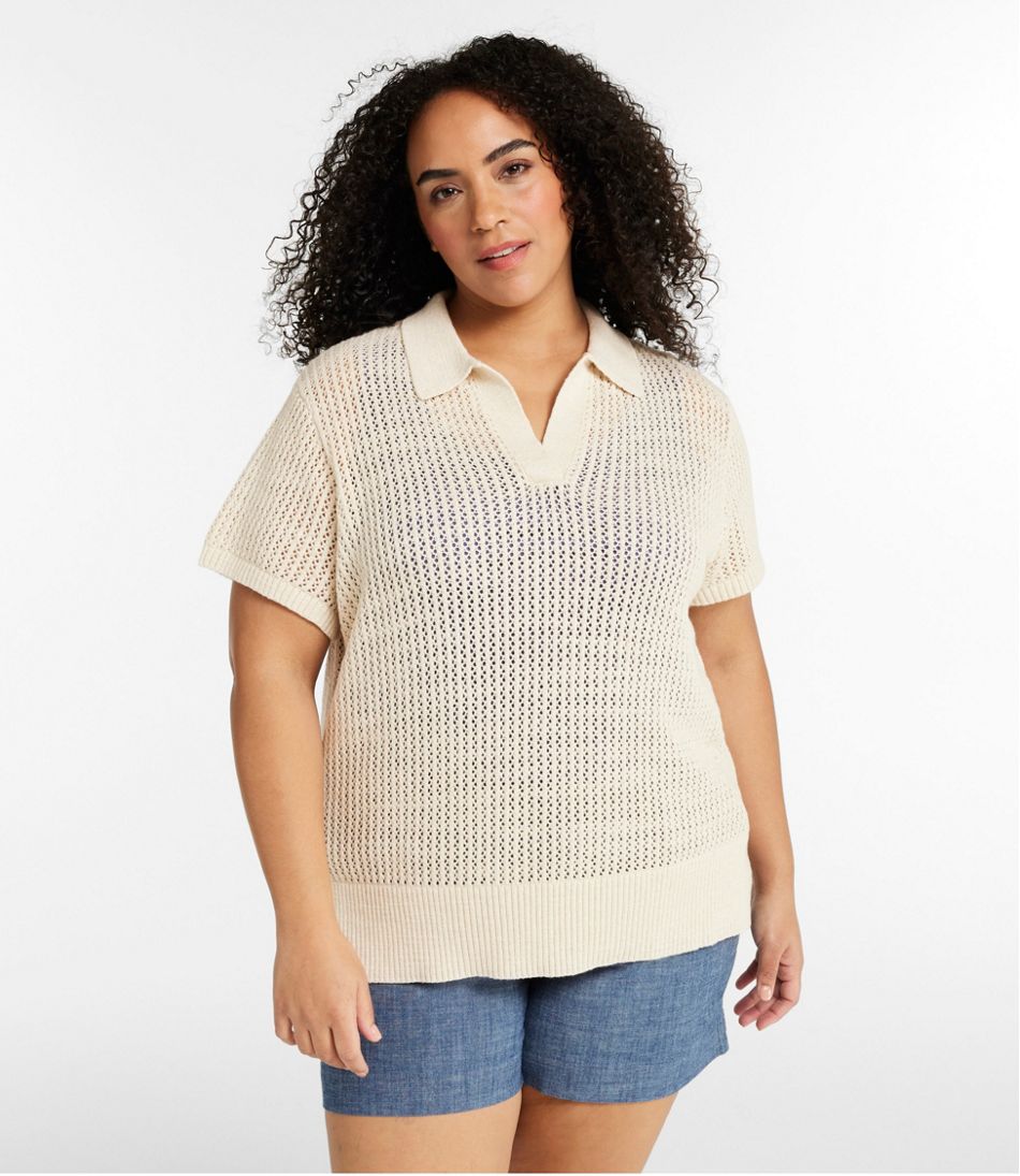Women's Organic Cotton Slub Pointelle Sweater, Polo - Image 2