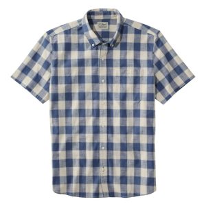 Men's Comfort Stretch? Chambray Shirt, Slightly Fitted Untucked Fit, Short-Sleeve, Plaid