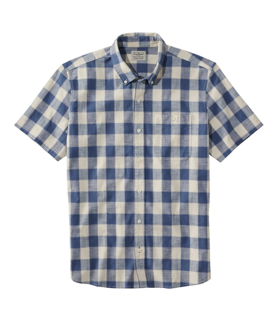 Men's Comfort Stretch? Chambray Shirt, Slightly Fitted Untucked Fit, Short-Sleeve, Plaid