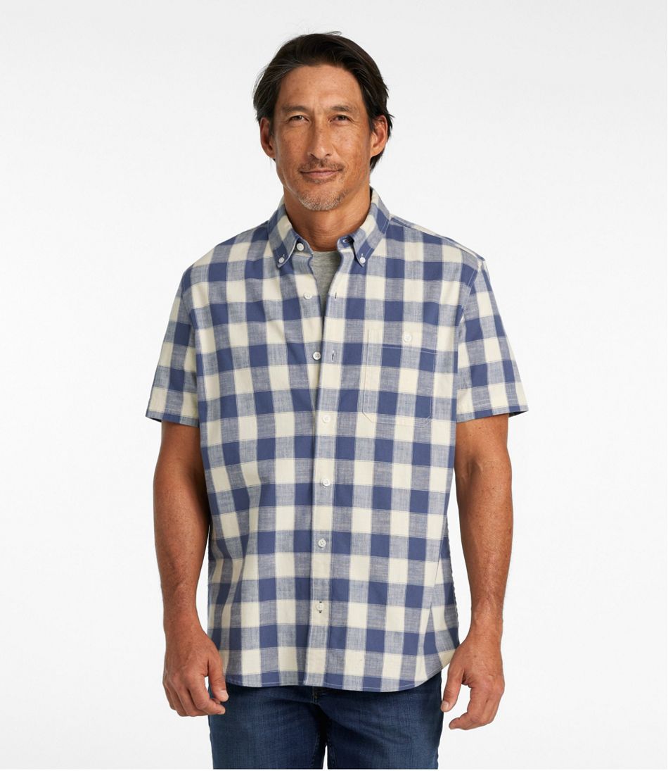 Men's Comfort Stretch? Chambray Shirt, Slightly Fitted Untucked Fit, Short-Sleeve, Plaid - Image 2