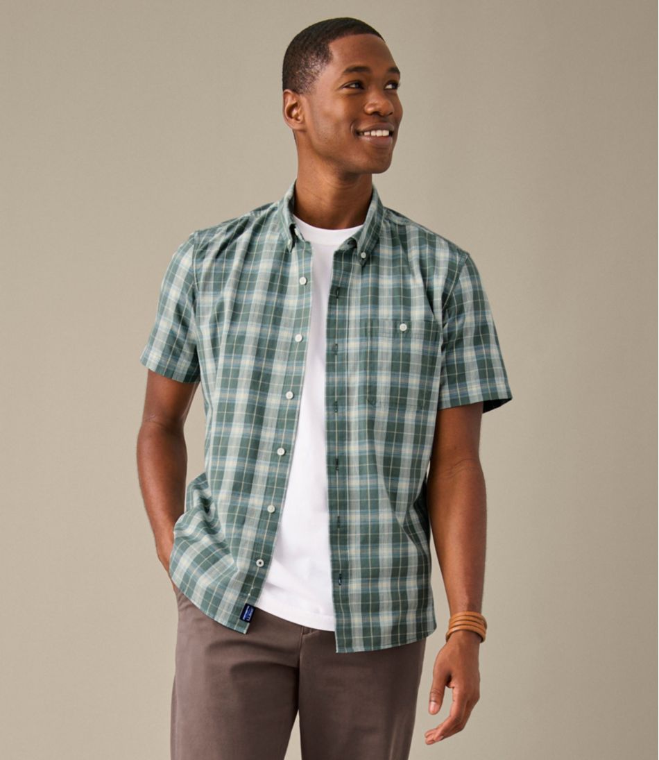 Men's Comfort Stretch? Chambray Shirt, Slightly Fitted Untucked Fit, Short-Sleeve, Plaid - Image 8