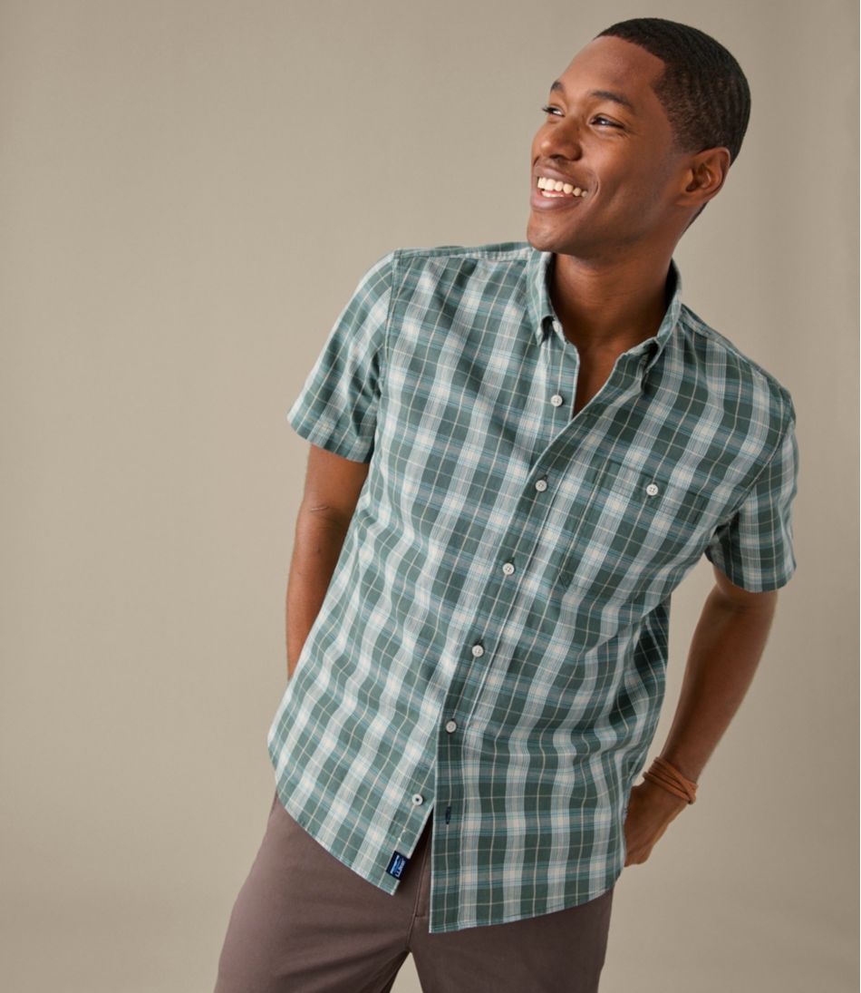 Men's Comfort Stretch? Chambray Shirt, Slightly Fitted Untucked Fit, Short-Sleeve, Plaid - Image 9