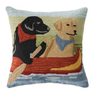 Indoor/Outdoor Hooked Pillow, Dogs in Canoe
