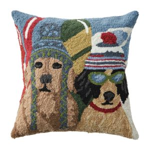 Indoor/Outdoor Hooked Pillow, Dogs Skiing