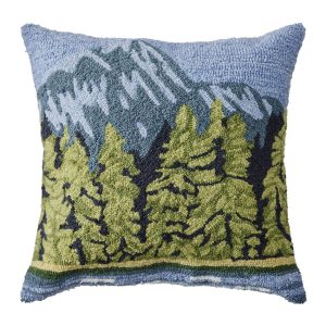 Indoor/Outdoor Hooked Pillow, Lakeside Mountain Scene
