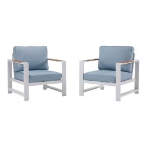White Aluminum Deep Seating Armchair with Blue Cushions, Set of Two