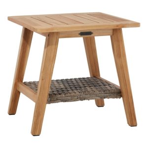 Teak Side Table with Wicker Storage Shelf