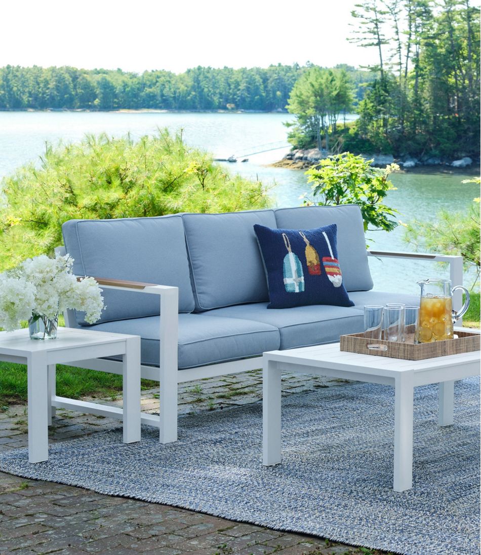 White Aluminum Deep Seating Sofa with Blue Cushions - Image 2