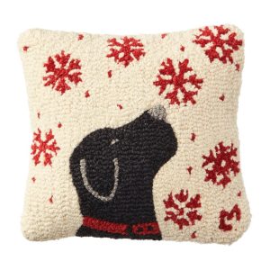 Wool Hooked Throw Pillow, Snowflake Black Lab, 14" x 14"